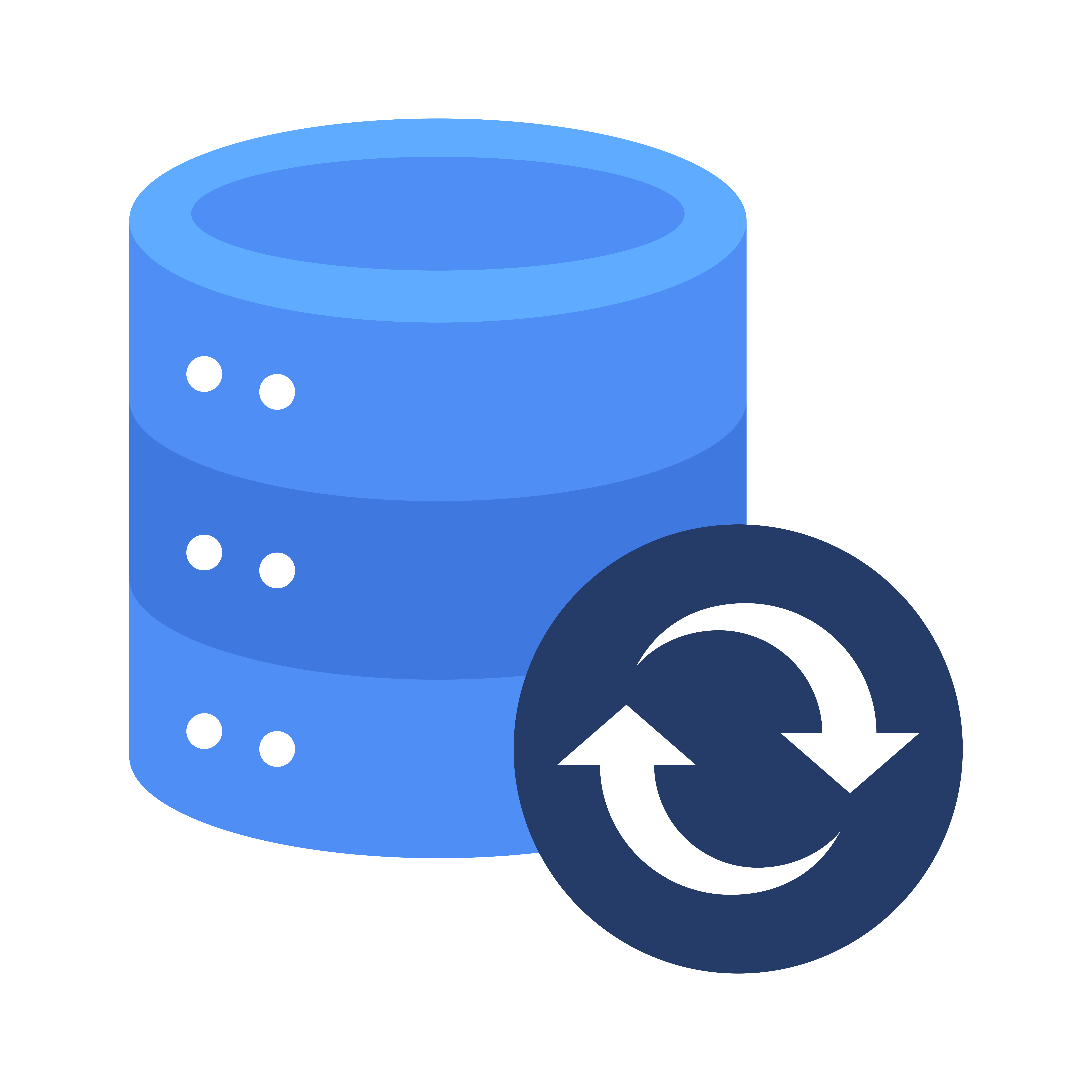 Illustration of a blue database icon with a circular synchronization symbol, representing database backup, restore, or synchronization.