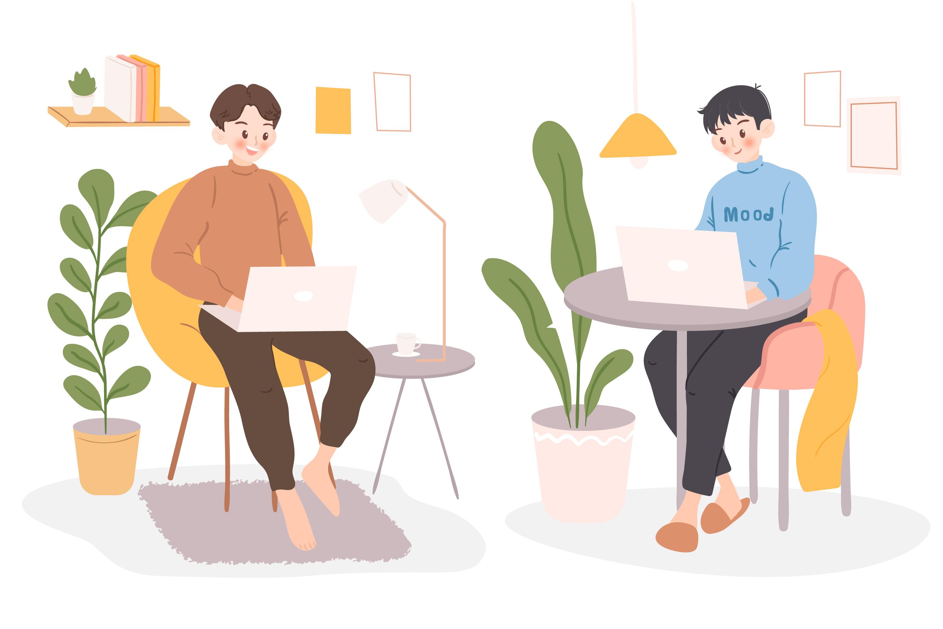 Two people coding on laptops in a cozy indoor setting with plants and warm lighting, collaborating on GitHub projects.