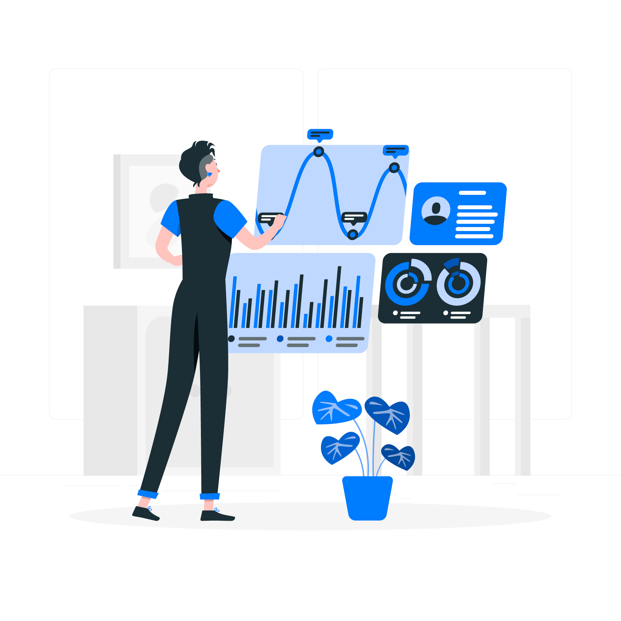  Illustration of Engineer analyzing observability metrics and logs with charts and dashboards
