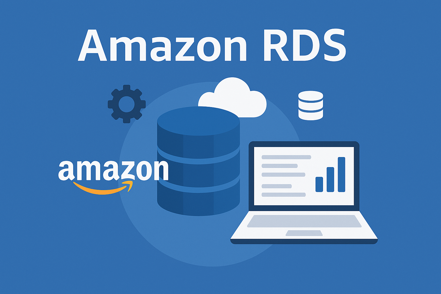 Illustration featuring the text 'Amazon RDS' with icons representing a database, cloud, gear, laptop, and the Amazon logo on a blue background.