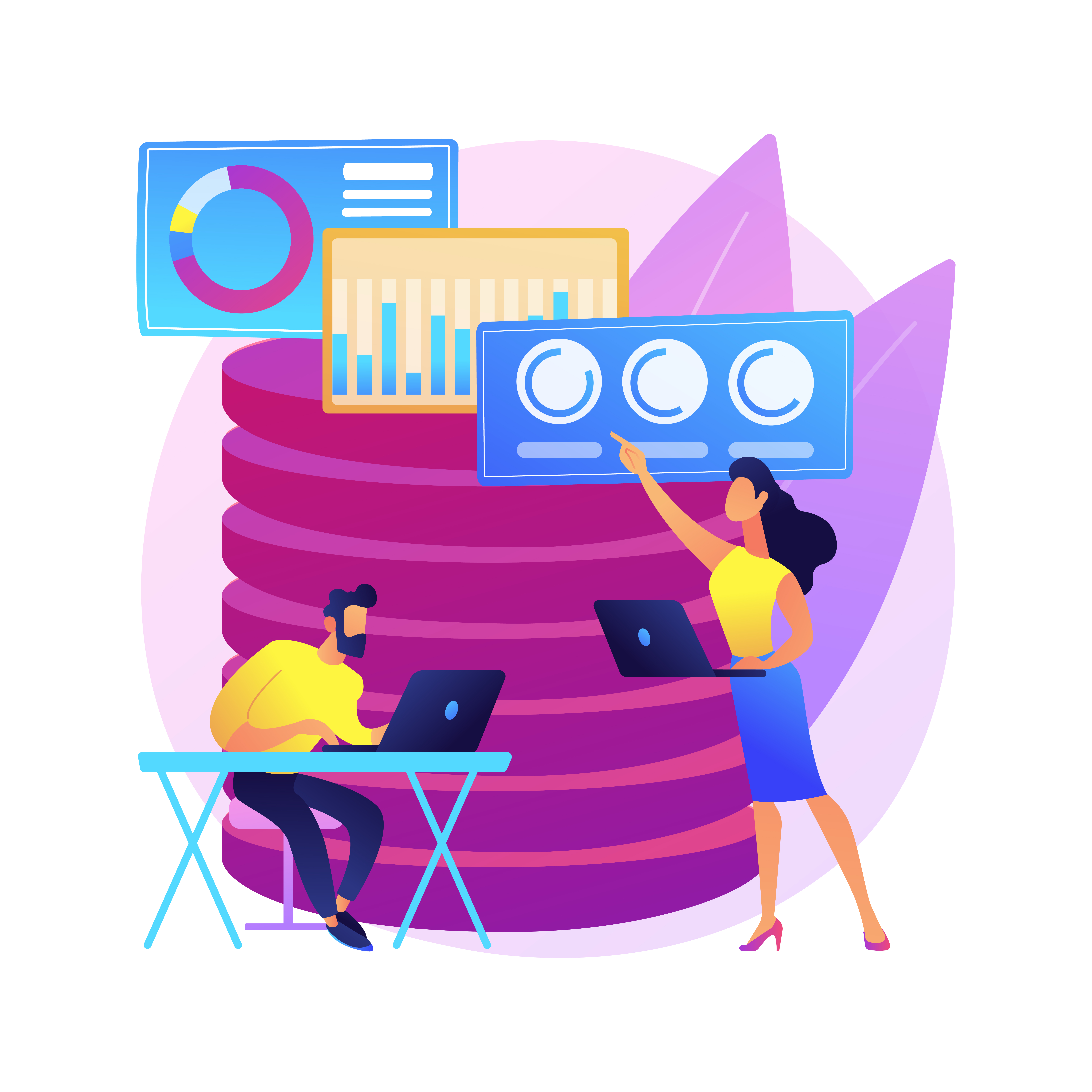 Illustration of database analysis with two people working on laptops, large data charts, and a database stack in the background.