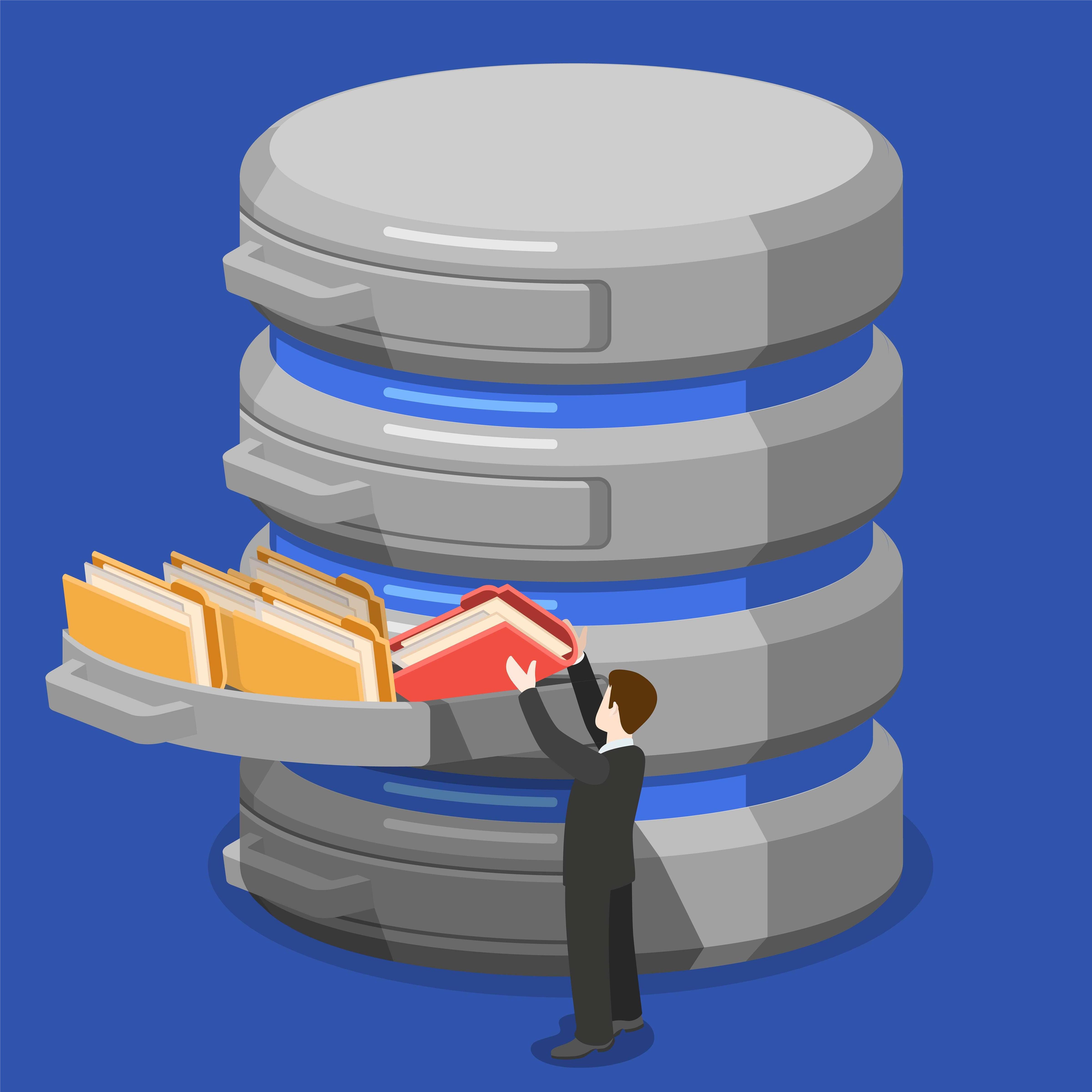Isometric illustration of a database server with a businessman retrieving a red book from a drawer filled with files, symbolizing data management.