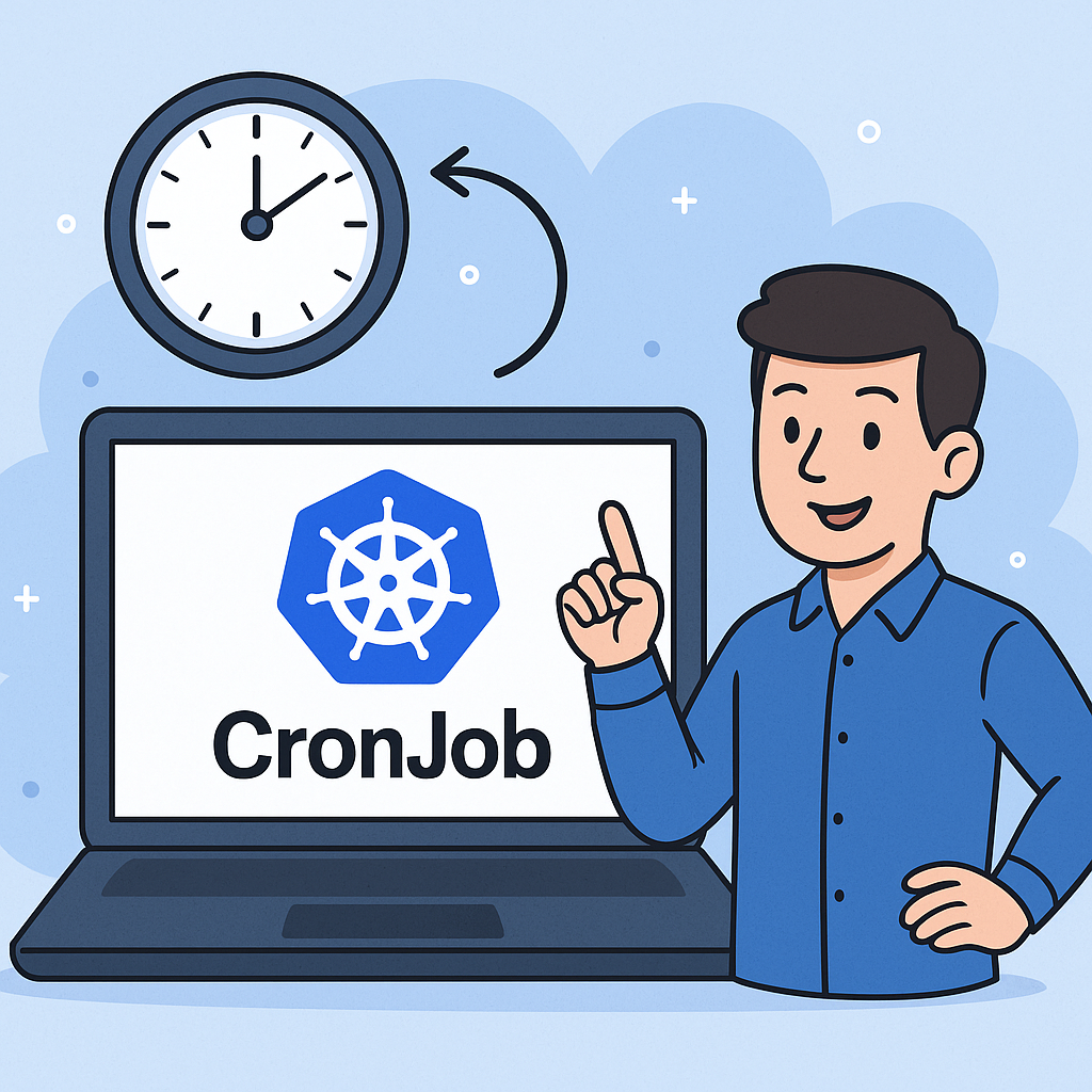 Illustration of a cartoon engineer standing next to a Kubernetes CronJob dashboard showcasing scheduled task executions