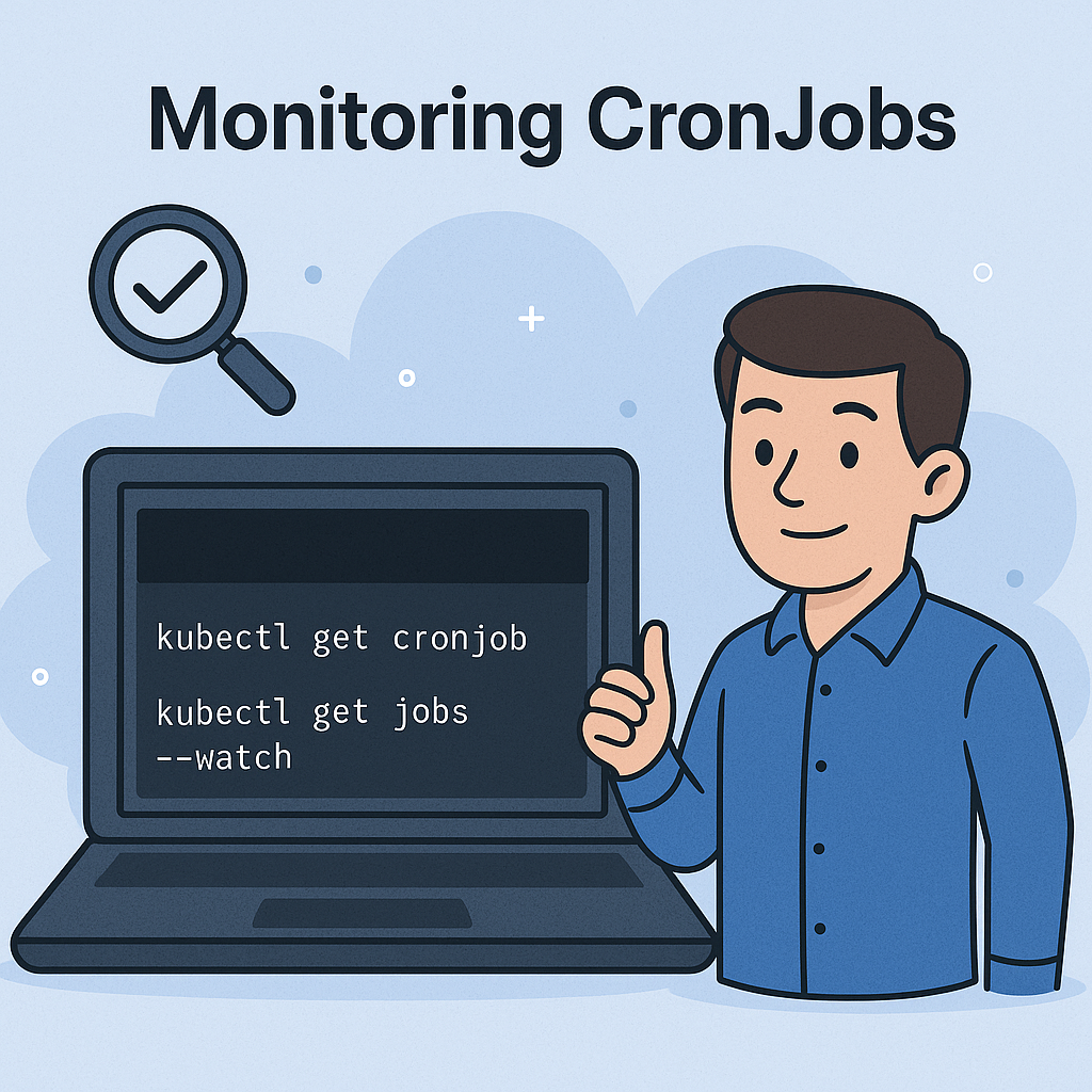 Illustration of a developer monitoring Kubernetes CronJobs in a dashboard, tracking job executions and metrics in real time