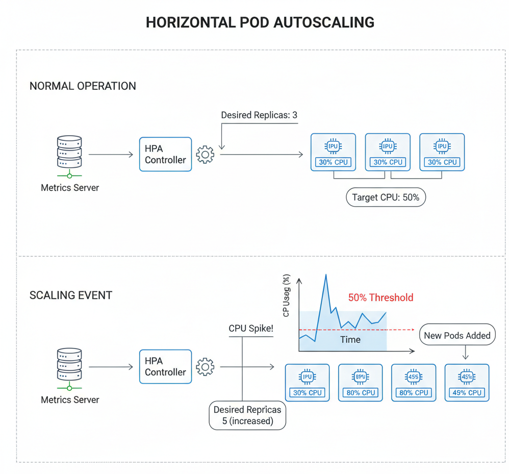 Diagram showing how HPA increases or decreases pod replicas based on CPU usage. Include a graph showing CPU spike leading to pod scaling