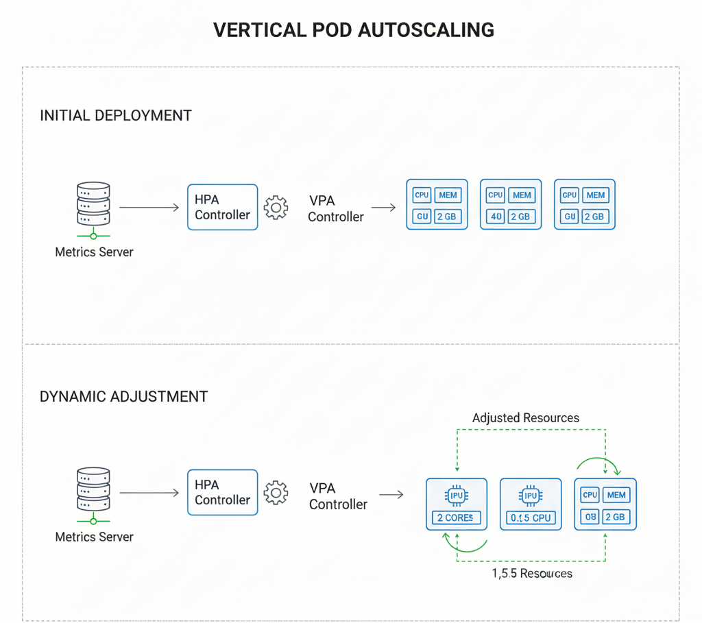 Visualization of VPA adjusting CPU and memory for individual pods dynamically. Include arrows indicating resource adjustment.
