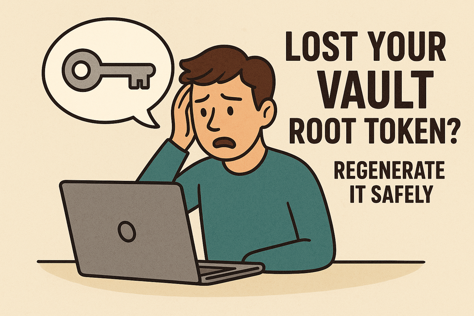 Cartoon illustration of a worried person sitting at a laptop with a key symbol and warning sign, alongside the text Lost your Vault root token? Regenerate it safely